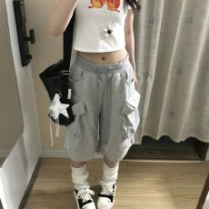 批发【实价】仿棉撞色腰头工装口袋运动短裤<b class='q'>女</b>百搭宽松五分裤阔腿卫裤