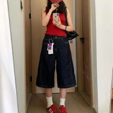 批发夏季新款美式复古阔腿牛仔裤男宽松直筒百搭休闲七分裤