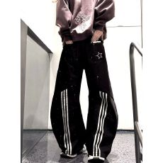 批发【水洗泼墨解构拼接弯刀】条纹拼接牛仔裤<b class='q'>男</b>女情侣设计感宽松阔腿