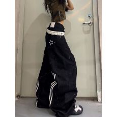 批发水洗泼墨解构拼接弯刀牛仔<b class='q'>男</b>女情侣设计感宽松阔腿裤