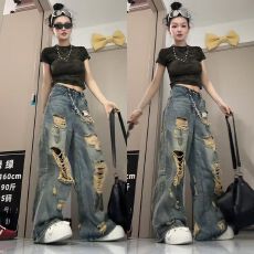 批发无***百搭新款慵懒文艺<b class='q'>潮流</b>泼墨破洞牛仔裤女阔腿拖地长裤<b class='q'>时尚</b>