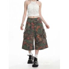批发美式休闲多口袋工装短裤男女夏季<b class='q'>新款</b>宽松直筒粗犷迷彩七分裤中裤