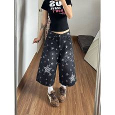 批发夏季美式休闲痞帅水洗复古牛仔<b class='q'>短裤</b><b class='q'>男</b>女直筒宽松百搭<b class='q'>七分裤</b>子潮