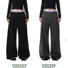 批发配腰带排扣 条纹褶皱西裤阔腿垂感<b class='q'>男</b>女士潮牌设计感<b class='q'>休闲</b><b class='q'>西装</b>裤