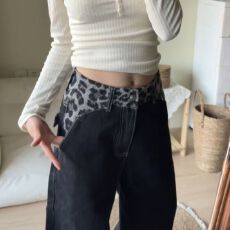 批发【原牛豹纹腰头拼接】直筒牛仔裤男女宽松潮流百搭阔腿休闲长裤