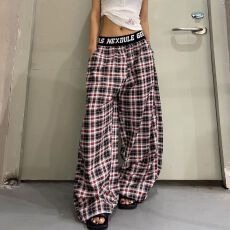 批发松紧腰头拼接字母<b class='q'>格子</b><b class='q'>裤</b>设计感撞色休闲<b class='q'>裤</b>美式宽松显瘦长<b class='q'>裤</b>