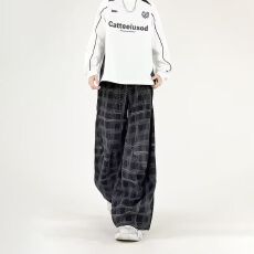 批发新款格子<b class='q'>裤子</b>男女款新款春秋宽松休闲百搭复古格子直筒长裤