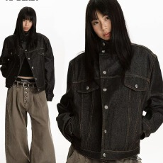 批发美式复古高级感黑色牛仔外套设计感小众宽松百搭休闲<b class='q'>通勤</b>上衣潮