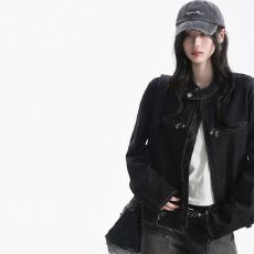 批发美式复古水洗牛仔外套男女秋季设计感小众显瘦<b class='q'>通勤</b>百搭立领短外套