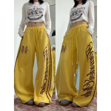 批发美式豹纹字母印花阔腿卫<b class='q'>裤</b>女宽松抽绳休闲<b class='q'>裤</b>松紧腰街舞潮牌运动<b class='q'>裤</b>