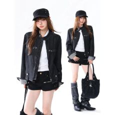 批发美式底特律拉链胸袋设计男女秋季新款宽松立领<b class='q'>通勤</b>百搭夹克外套潮