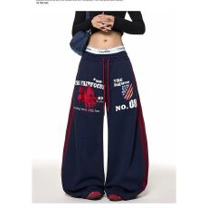 批发美式复古刺绣抽绳休闲卫裤<b class='q'>男</b>女街头宽松阔腿baggy 百搭爵士舞裤子