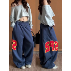 美式复古撞色字母贴布刺绣阔腿裤女宽松拖地长裤嘻哈街头风休闲裤