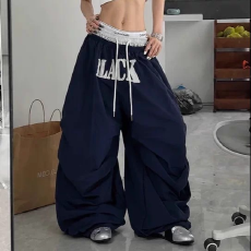 批发美式双腰头撞色字母印花弯刀舞蹈伞兵裤女褶皱宽松jazz爵士阔腿裤