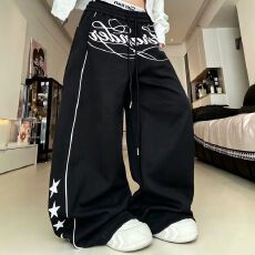 批发星星字母印花弯刀卫裤街头阔腿<b class='q'>男</b>女款痞帅宽松慵懒感运动裤女裤子