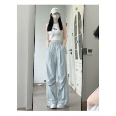 批发<b class='q'>休闲</b>字母印花抽绳松紧腰紫色卫裤女新款宽松百搭直筒显瘦高腰长裤