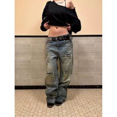 批发【破洞猫须豹纹补丁拼接 】春秋复古牛仔男女潮牌宽松微锥形长裤