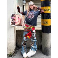 批发美式潮牌设计感3D打印豹纹<b class='q'>牛仔裤</b>男街头hiphop宽松微喇阔腿拖地裤