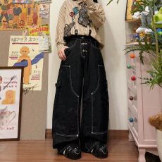 批发美式复古明线印花黑色牛仔裤男女潮牌高街廓形宽松百搭情侣阔腿裤