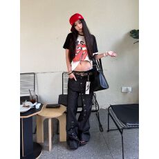 批发美式复古小众设计感排扣阔腿牛仔裤女男高街辣妹宽松显瘦拖地长裤