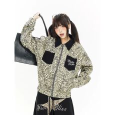 批发撞色复古豹纹翻领夹克女秋季新款宽松bf<b class='q'>街头</b>风格百搭工装拉链外套