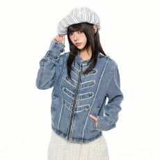 批发拿破仑纽扣美式复古水洗牛仔夹克男女立领金属扣修身短款长袖外套