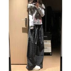 批发美式复古<b class='q'>街头</b>休闲印花条纹弯刀裤女慵懒风宽松显瘦设计感阔腿长裤