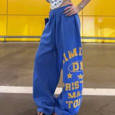 批发街头撞色字母印花卫裤<b class='q'>男</b>秋美式hiphop爵士舞<b class='q'>裤子</b>潮牌宽松阔腿长裤