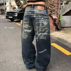 批发美式复古街头嘻哈阔腿裤水洗字母印花<b class='q'>牛仔裤</b>男女宽松休闲街头长裤
