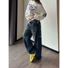 批发美式复古水洗做旧星星印花怀旧男女直筒宽松垂感慵懒风阔腿<b class='q'>牛仔裤</b>