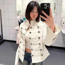 批发米白色短款牛仔外套拿破仑<b class='q'>街头</b>宽松排扣显瘦立领排扣开衫夹克上衣