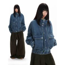批发美式<b class='q'>街头</b>水洗解构大口袋牛仔外套男女复古潮牌中性风短宽高领夹克