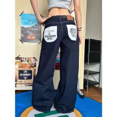 批发美式复古口袋拼接绘画设计感牛仔裤男女宽松百搭直筒阔腿牛仔裤子