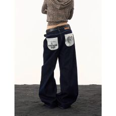 批发美式复古丹宁牛仔裤男女高街新款潮牌宽松cleanfit直筒阔腿长裤子