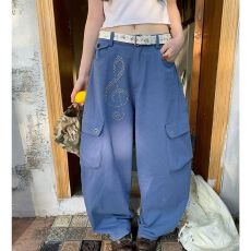 批发美式复古音符烫钻多口袋工装裤男女潮牌宽松百搭直筒显瘦<b class='q'>休闲</b><b class='q'>长裤</b>