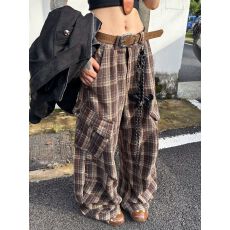 批发美式复古格子裤多口袋工装弯刀<b class='q'>休闲</b>裤男女宽松直筒百搭结构伞兵裤
