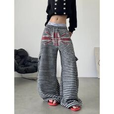 批发米字烫钻绒感毛呢原版布料条纹印花秋冬季复古针织条纹阔腿<b class='q'>休闲</b>裤