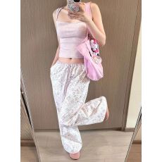 批发【原板原料】韩国小众撞色腰头可束脚涂鸦<b class='q'>印花</b>长裤宽松休闲阔腿裤