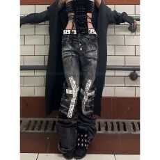 批发新款重工黑色拼接牛仔裤帅气小脚修身潮流痞帅机车男<b class='q'>女</b>裤