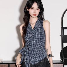 批发法式V领蝴蝶结绑带蓝色格子衬衫背心女夏季辣妹外穿修身无袖上衣