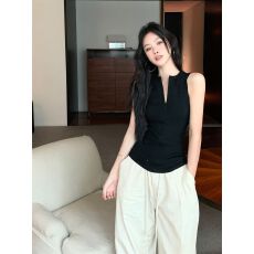 批发灰色拉链圆领无袖工字<b class='q'>背心</b>女美式显瘦修身上衣