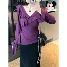 批发1_1随心裁260克大码荷叶边V领长袖T恤<b class='q'>打底衫</b>女秋季设计感上衣