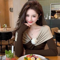 人棉260克花朵别针小众设计感假两件上衣长袖纯欲风显瘦气质