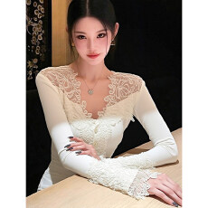 批发【 1_1螺纹德绒 270克】秋冬法式<b class='q'>蕾丝</b>拼接v领设计甜辣妹修身上衣