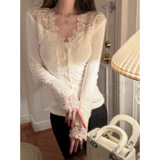 批发【 1_1螺纹德绒 270克】<b class='q'>蕾丝</b>拼接V领长袖T恤高级修身显瘦气质上衣