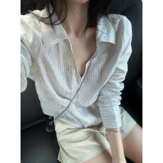 批发原版格子布设计感条纹拉链翻领<b class='q'>衬衫</b>女装夏复古<b class='q'>宽松</b>老钱风上衣