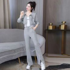 批发现货长袖短款外套卫衣高腰阔腿喇叭裤休闲<b class='q'>运动</b>时尚两件套装女#833