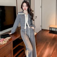 批发现货<b class='q'>时尚</b>休闲运动套装女新款秋冬洋气开衫外套阔腿裤两件套潮#832