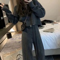 批发现货秋冬新款高级感时尚开衫连帽短款上衣休闲阔腿<b class='q'>裤</b><b class='q'>两件套</b>潮#925