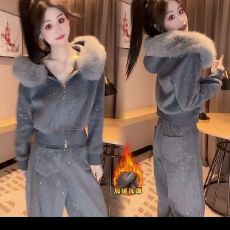 批发现货休闲时尚秋冬加绒加厚套装重工亮片连帽卫衣阔腿裤两件套#928